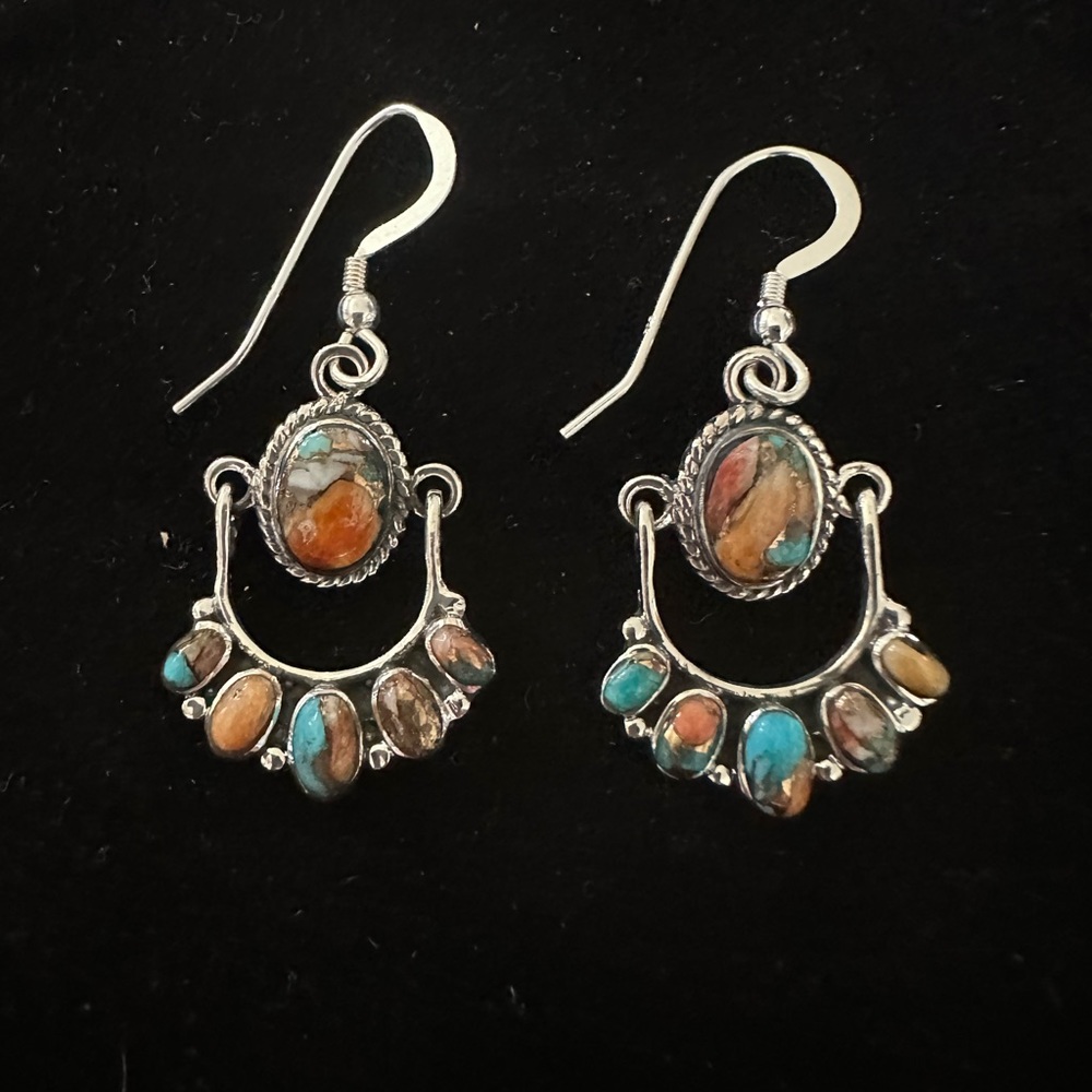 SANTA FE Style Spiny Oyster Turquoise Dangling Earrings in Sterling Silver NWT